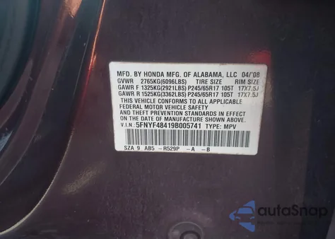 2009 Honda Pilot Ex из США, поврежденный, VIN 5FNYF48419B005741